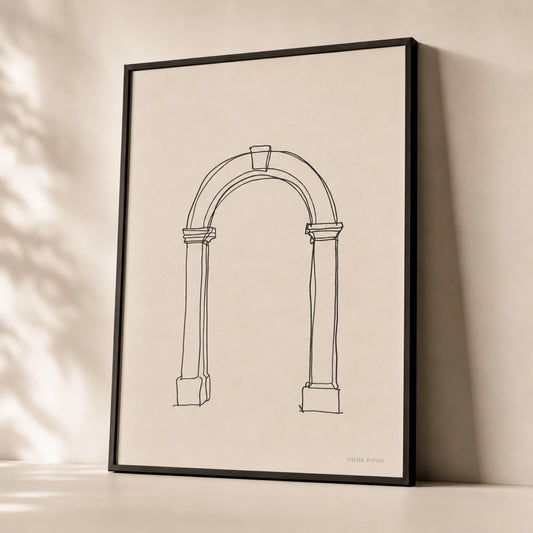 Architectural Arch Line Poster — Single-line Roman archway sketch in black on cream, premium hero shot, Atelier Poster