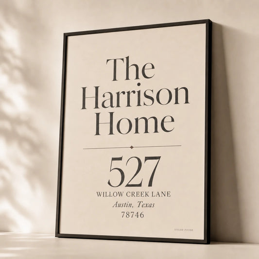 Home Address Custom Poster — Personalized home address elegant serif typography housewarming, premium hero shot, Atelier Poster