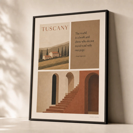 Mixed Travel Quote Three Gallery Poster — Three-print travel quote architectural mixed vintage warm, premium hero shot, Atelier Poster