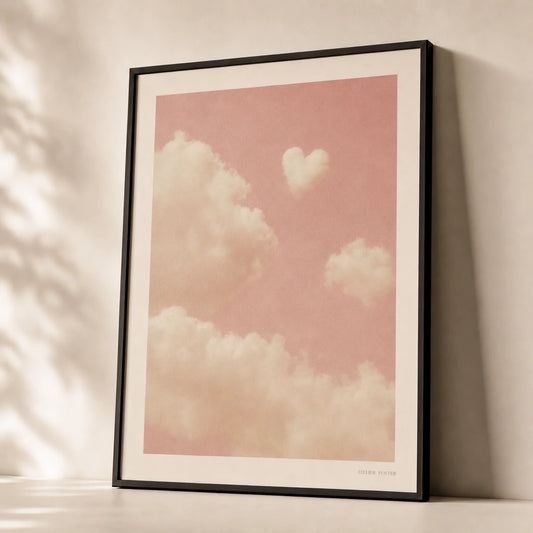 Soft Girl Cloud Dreams Poster — Pink sky cream clouds heart-shaped soft girl aesthetic, premium hero shot, Atelier Poster