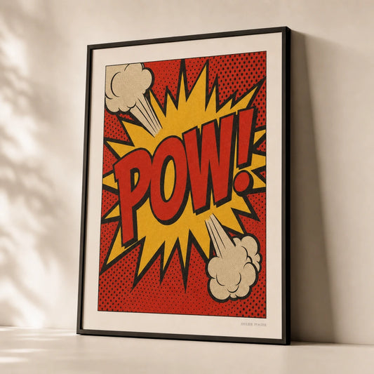 Comic Book Action 90s Poster — 1990s comic book panel POW action red yellow and black, premium hero shot, Atelier Poster