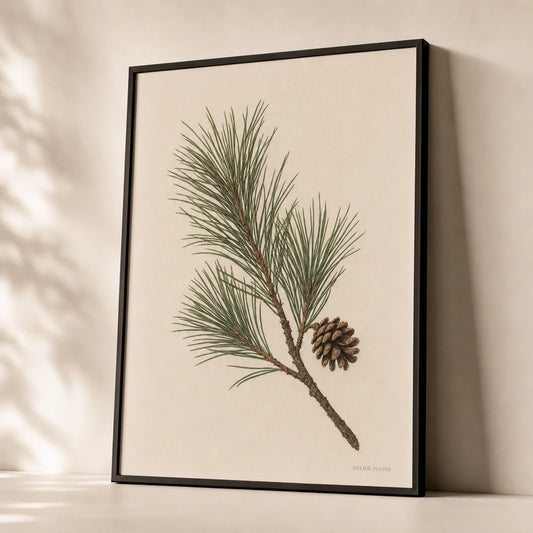 Pine Branch Winter Poster — Single pine branch with one small pinecone on cream, premium hero shot, Atelier Poster