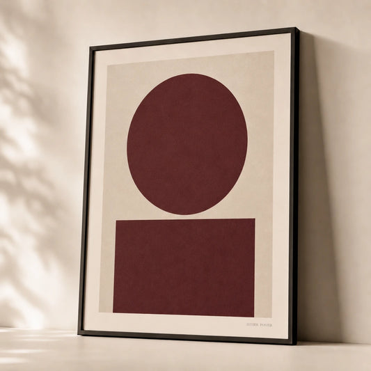 Burgundy Abstract Composition Poster — Burgundy circle and rectangle moody wine-toned modern, premium hero shot, Atelier Poster