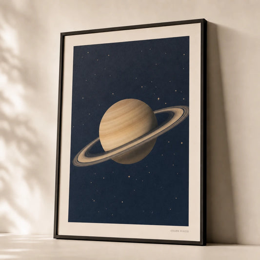 Solar System Saturn Detail Poster — Single oversized Saturn with rings on deep navy sky, premium hero shot, Atelier Poster