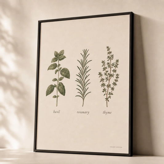 Herb Trio Kitchen Poster — Three hand-drawn herbs labeled in italic serif on cream, premium hero shot, Atelier Poster