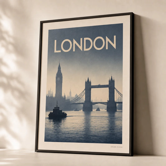 London Foggy Skyline Poster — 1920s London Tower Bridge and Big Ben in soft Thames fog, premium hero shot, Atelier Poster