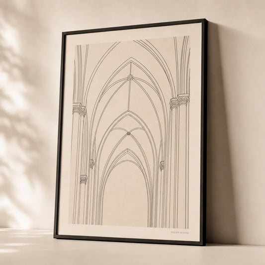 Oversized Cathedral Vault Poster — Oversized cathedral vaulted ceiling continuous architectural, premium hero shot, Atelier Poster