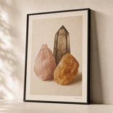 Bohemian Crystal Cluster Poster — Rose quartz smoky quartz citrine cluster in warm tones, premium hero shot, Atelier Poster