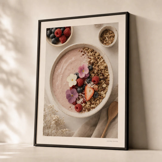 Clean Girl Smoothie Bowl Poster — Aerial smoothie bowl berries granola clean girl aesthetic, premium hero shot, Atelier Poster