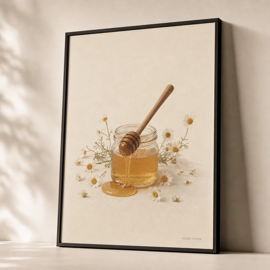 Cottagecore Honey Jar Poster — Honey jar with wooden dipper and daisies cottagecore, premium hero shot, Atelier Poster