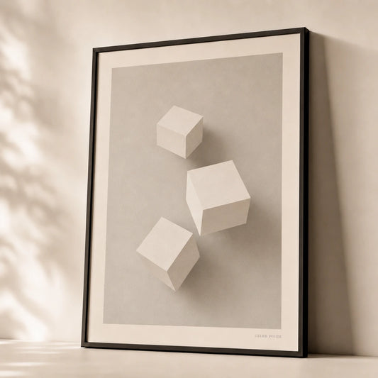 White Cubes Grey Field Poster — Three white cubes floating on warm grey field dimensional, premium hero shot, Atelier Poster