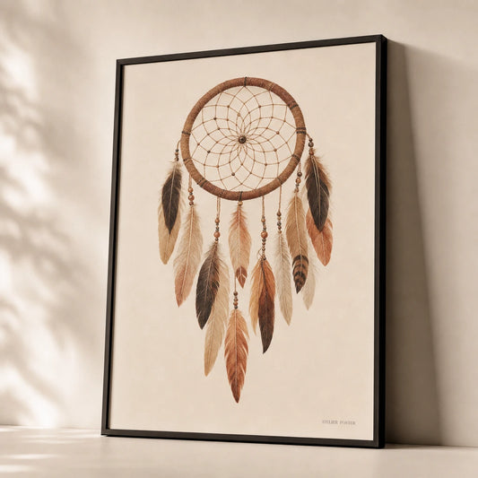 Bohemian Dreamcatcher Poster — Single woven dreamcatcher with feathers in warm earth tones, premium hero shot, Atelier Poster