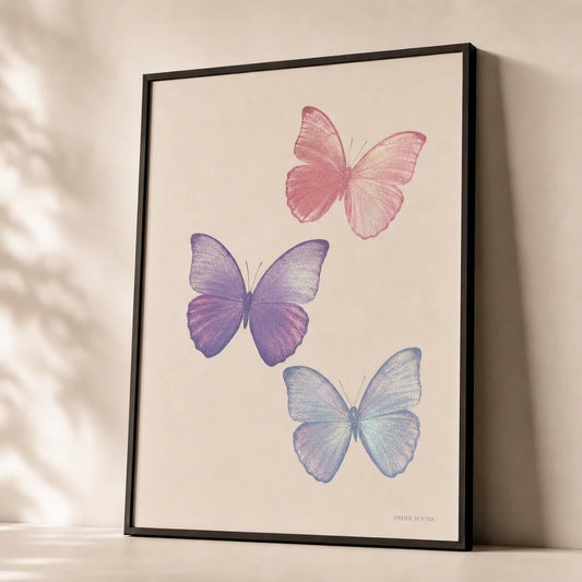 Y2K Butterfly Pink Poster — Three iridescent butterflies in Y2K revival aesthetic, premium hero shot, Atelier Poster