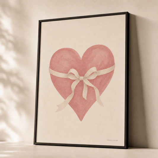 Soft Girl Ribbon Heart Poster — Pink heart wrapped in cream ribbon soft girl aesthetic, premium hero shot, Atelier Poster