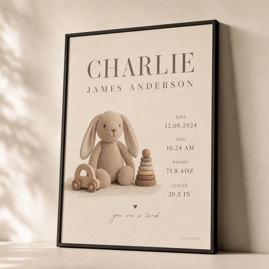 Birth Stats Nursery Custom Poster — Personalized birth stats name date weight elegant typography, premium hero shot, Atelier Poster
