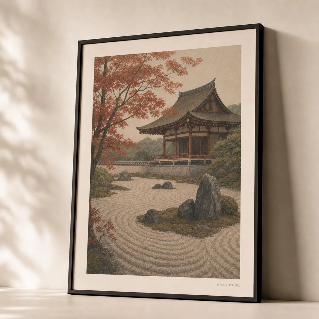 Kyoto Temple Garden Poster — Japanese Kyoto temple with sage maple in soft autumn tones, premium hero shot, Atelier Poster