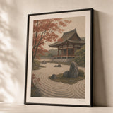 Kyoto Temple Garden Poster — Japanese Kyoto temple with sage maple in soft autumn tones, premium hero shot, Atelier Poster