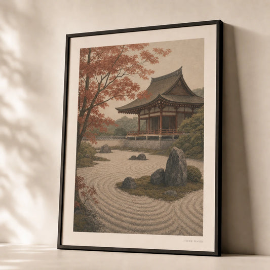 Kyoto Temple Garden Poster — Japanese Kyoto temple with sage maple in soft autumn tones, premium hero shot, Atelier Poster