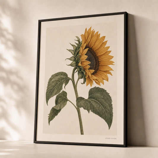 Sunflower Profile Poster — Single sunflower in profile with deep golden petals, premium hero shot, Atelier Poster