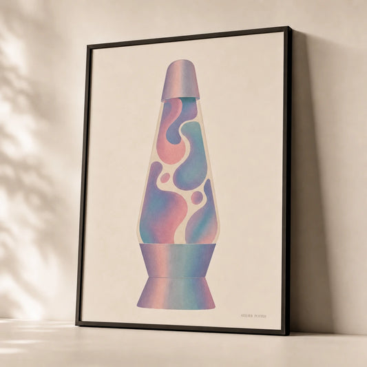 Y2K Lava Lamp Poster — Iridescent flowing lava lamp shape Y2K revival aesthetic, premium hero shot, Atelier Poster