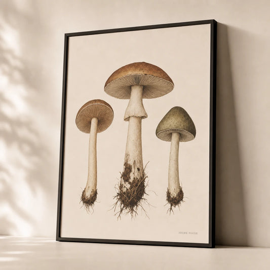 Mushroom Specimens Trio Poster — Three forest mushroom specimens in warm umber and sage, premium hero shot, Atelier Poster