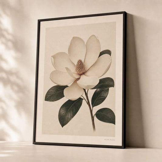 Magnolia Bloom Poster — Single magnolia bloom in cream white and subtle blush, premium hero shot, Atelier Poster