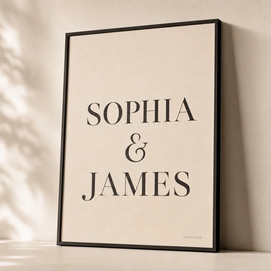 Couple Names Custom Poster — Custom couple's first names with elegant ampersand serif, premium hero shot, Atelier Poster