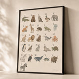 ABC Animal Alphabet Poster — Animal alphabet A-Z in soft pastel illustration tones, premium hero shot, Atelier Poster