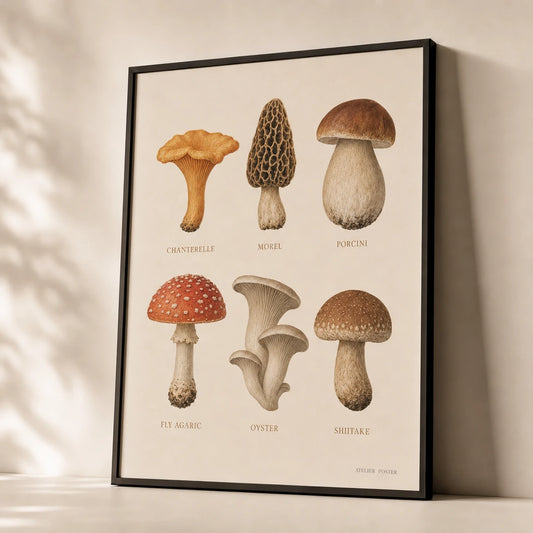 Forest Mushroom Identification Poster — Six labeled mushrooms chanterelle morel mycology illustration, premium hero shot, Atelier Poster