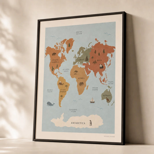 Modern World Map Kids Poster — Warm earth-tone illustrated world map for kids rooms, premium hero shot, Atelier Poster