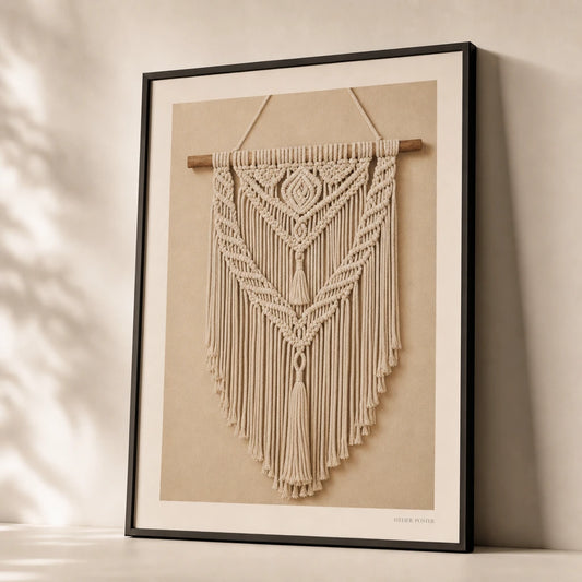 Macrame Wall Hanging Poster — Bohemian knotted cotton macrame wall hanging illustration, premium hero shot, Atelier Poster