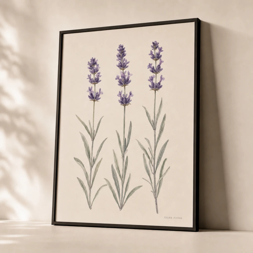 Lavender Stems Poster — Three watercolor lavender stems in soft purple and sage, premium hero shot, Atelier Poster