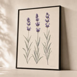 Lavender Stems Poster — Three watercolor lavender stems in soft purple and sage, premium hero shot, Atelier Poster