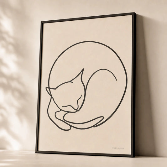 Oversized Sleeping Cat Line Poster — Oversized sleeping cat curled circle continuous black Matisse, premium hero shot, Atelier Poster