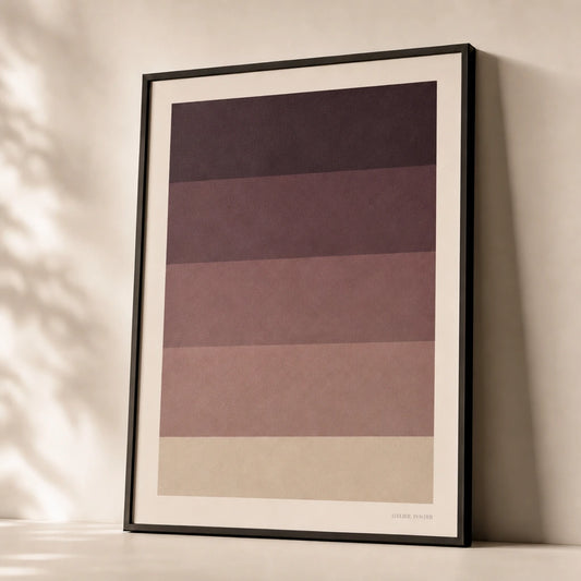 Plum Stripes Bone Poster — Five plum-toned horizontal bands gradient moody warm purple, premium hero shot, Atelier Poster