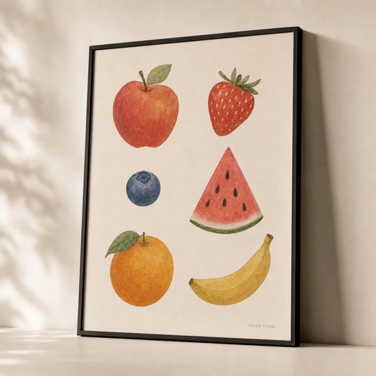 Garden Fruits Poster — Six garden fruits apple strawberry watermelon watercolor, premium hero shot, Atelier Poster