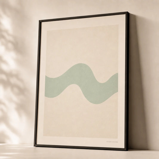 Mint Wave Soft Poster — Single pale mint wave on warm cream soft organic abstract, premium hero shot, Atelier Poster