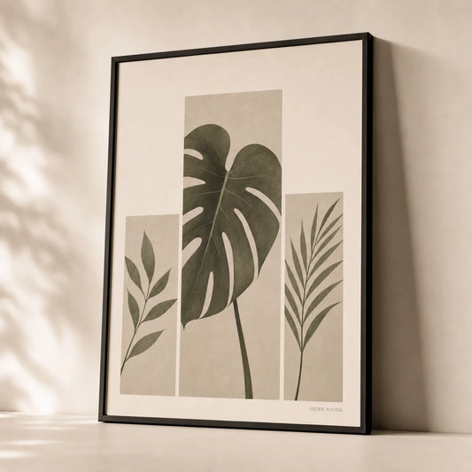 Statement Botanical Flanking Gallery Poster — Statement monstera with two flanking botanical sage set, premium hero shot, Atelier Poster