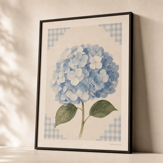 Coastal Grandmother Hydrangea Poster — Single hydrangea bloom coastal grandmother aesthetic, premium hero shot, Atelier Poster
