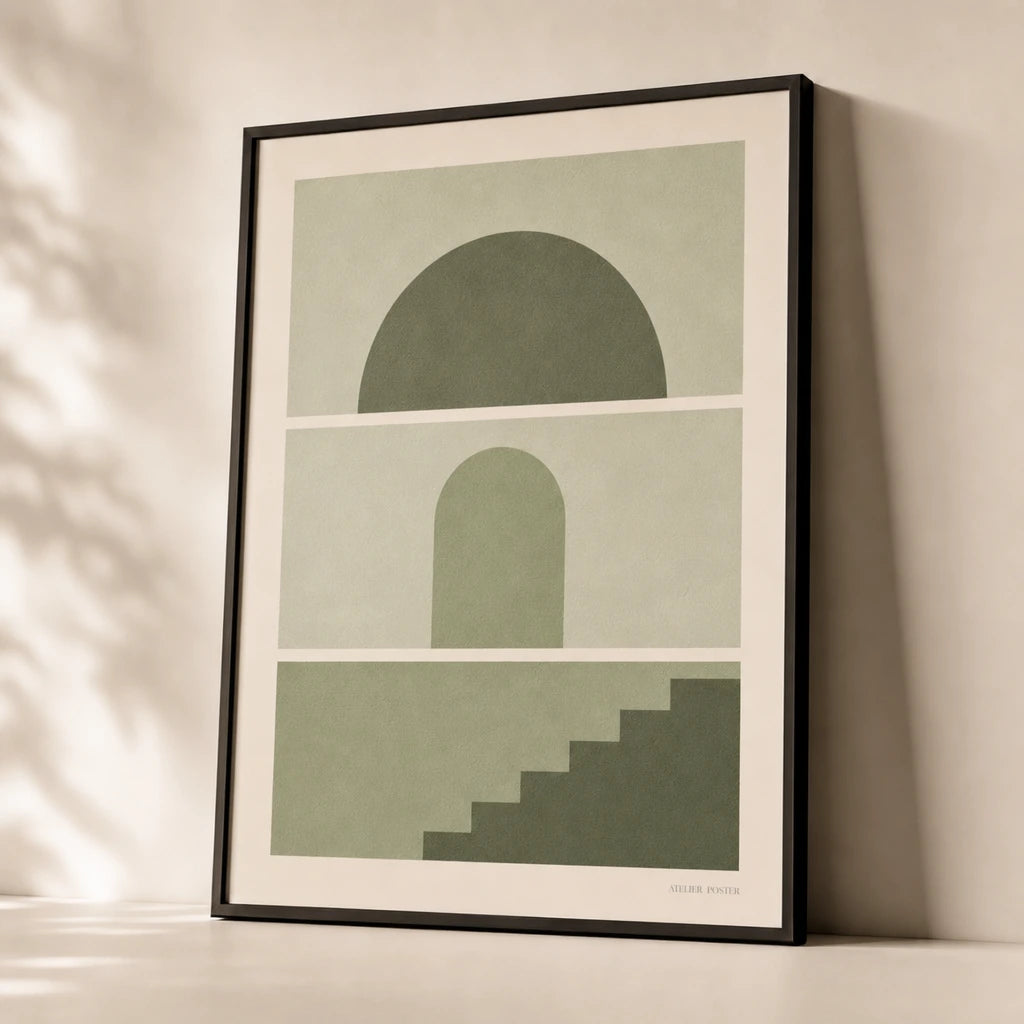 All Sage Tonal Three Gallery Poster — Three-print all-sage tonal monochromatic graduated calm set, premium hero shot, Atelier Poster
