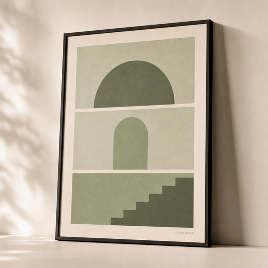 All Sage Tonal Three Gallery Poster — Three-print all-sage tonal monochromatic graduated calm set, premium hero shot, Atelier Poster