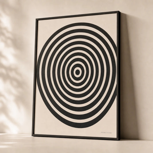 Mod Geometric Op-Art Poster — 1960s mod op-art concentric circles black and white optical, premium hero shot, Atelier Poster