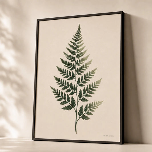 Fern Frond Cream Poster — Hand-illustrated fern frond in forest green and sage, premium hero shot, Atelier Poster