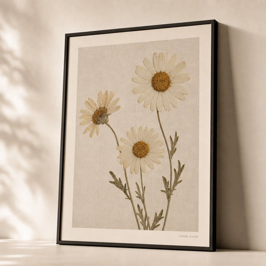 Cottagecore Pressed Daisy Poster — Three pressed daisies on linen cottagecore aesthetic, premium hero shot, Atelier Poster