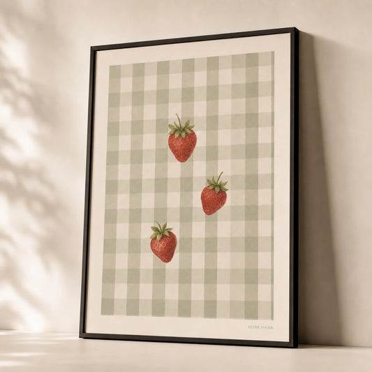 Cottagecore Strawberry Trio Poster — Three strawberries on gingham cottagecore aesthetic, premium hero shot, Atelier Poster
