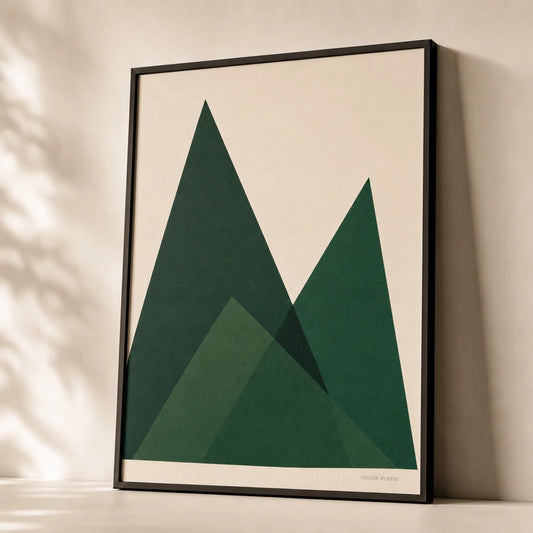 Emerald Triangles Trio Poster — Three emerald green triangles saturated bold geometric, premium hero shot, Atelier Poster
