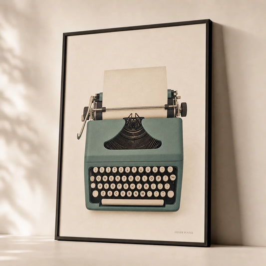 Vintage Typewriter Poster — Vintage 1950s teal typewriter mid-century writing illustration, premium hero shot, Atelier Poster