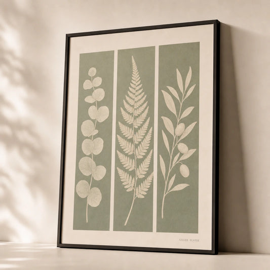 Botanical Trio Set Gallery Poster — Three coordinated botanical sage eucalyptus fern trio set, premium hero shot, Atelier Poster