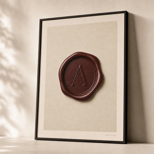 Dark Academia Wax Seal Poster — Burgundy wax seal letter A dark academia aesthetic, premium hero shot, Atelier Poster