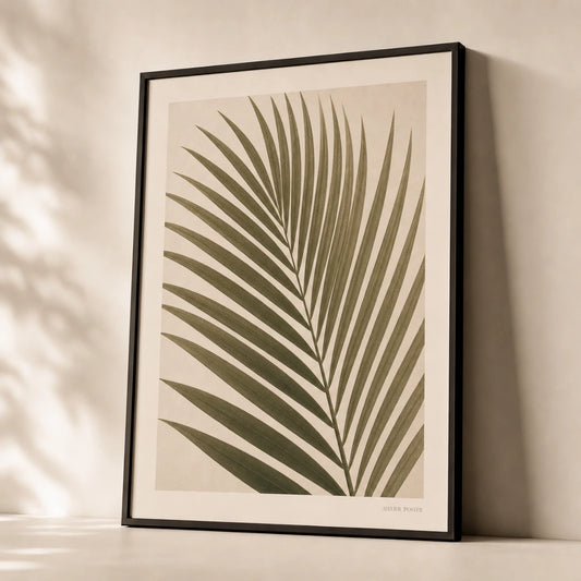 Oversized Palm Frond Poster — Oversized palm frond diagonal muted olive and sage vintage, premium hero shot, Atelier Poster